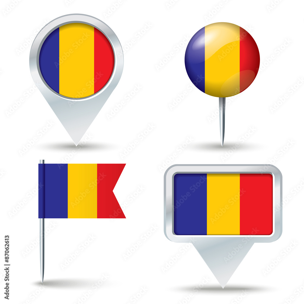 Fototapeta premium Map pins with flag of Chad