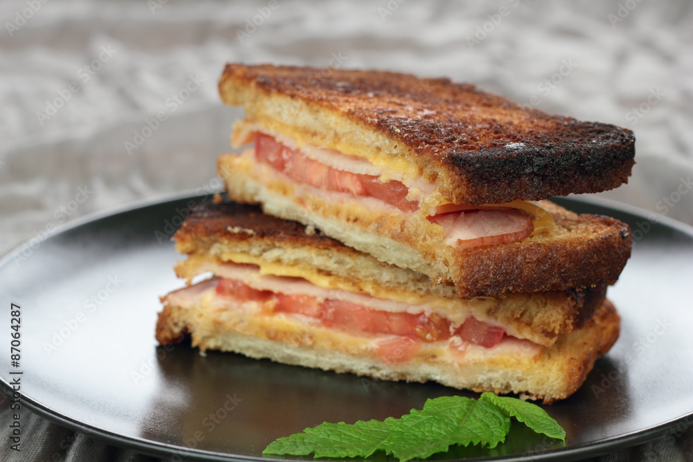 Closeup of halved ham and swiss cheese toast. Closeup of halved ham and swiss cheese toast.