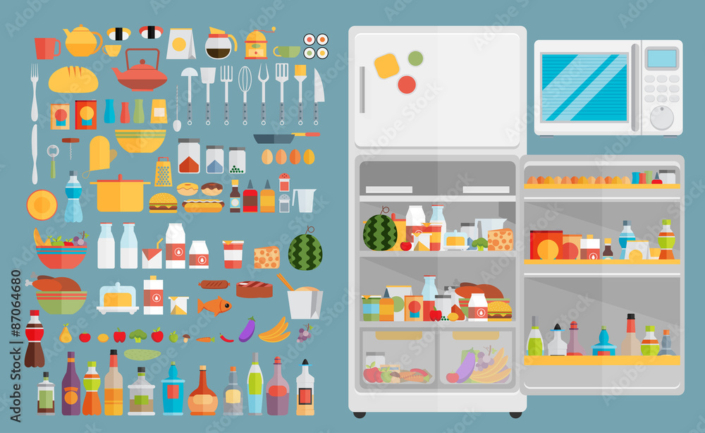 Illustration of Refrigerator with food,drinks and kitchenware Illustration of Refrigerator with food,drinks and kitchenware