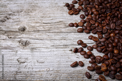 Coffee beans on wood background