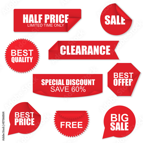Set of red paper sale stickers on white background