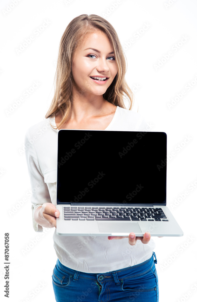 Girl showing laptop screen Girl showing laptop screen