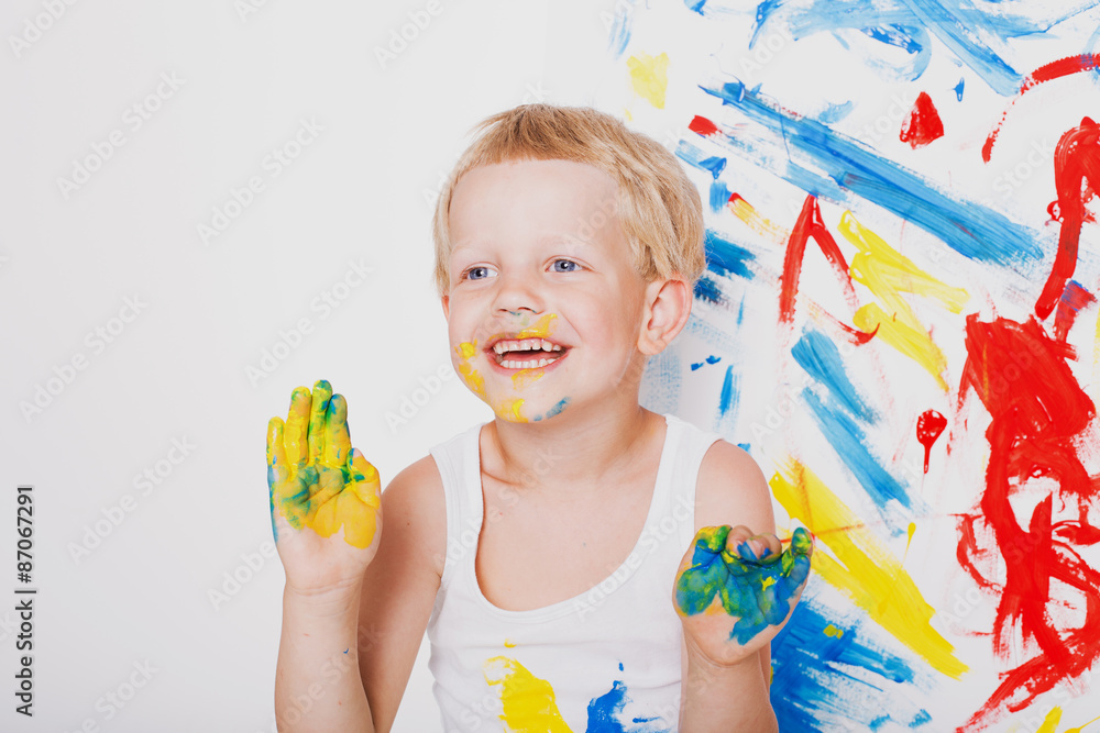 Portrait of a little messy kid painter. School. Preschool. Education. Creativity Portrait of a little messy kid painter. School. Preschool. Education. Creativity