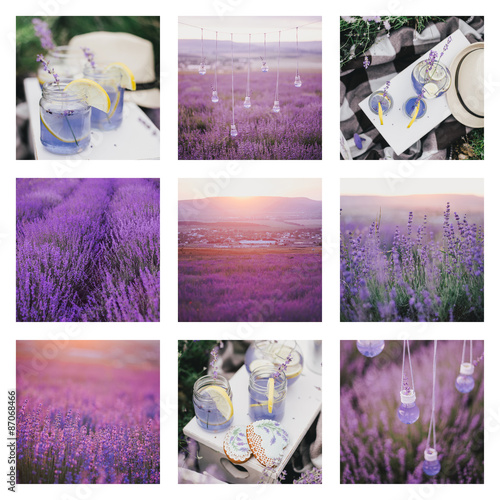 Fototapeta Naklejka Na Ścianę i Meble -  Collage of nine photos with lavender and lemonade. Summer mood