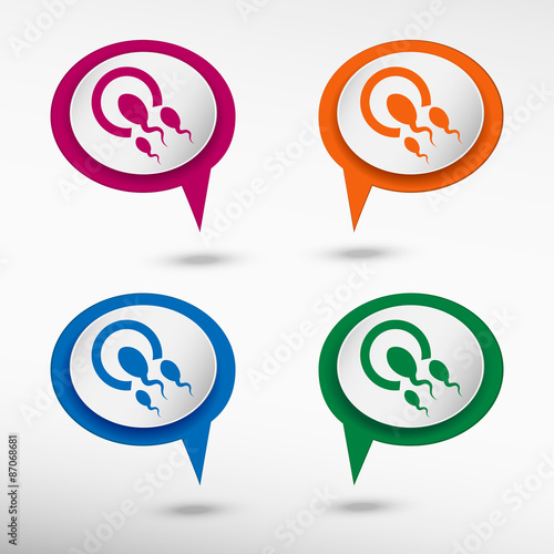 Sperms and egg icon on colorful chat speech bubbles