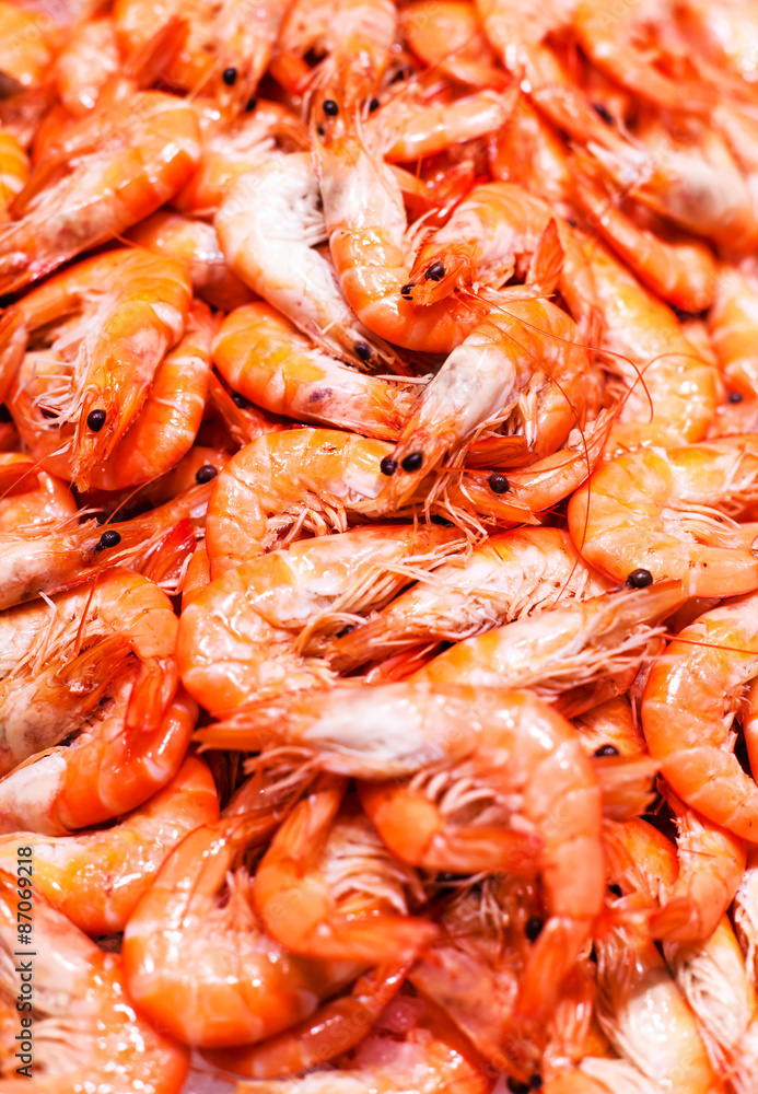 Unshelled tiger shrimps as gourmet seafood macro. Group of Shri Unshelled tiger shrimps as gourmet seafood macro. Group of Shri
