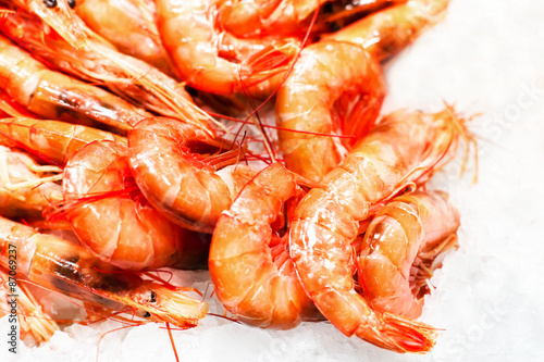 Shrimp cocktail background over white Ice on a market stall clos