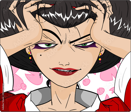 Geisha face cartoon, A hand drawn vector illustration of a Geisha with her seducing stare, flaunting her sensuality on a white background with sakura leaves motive.