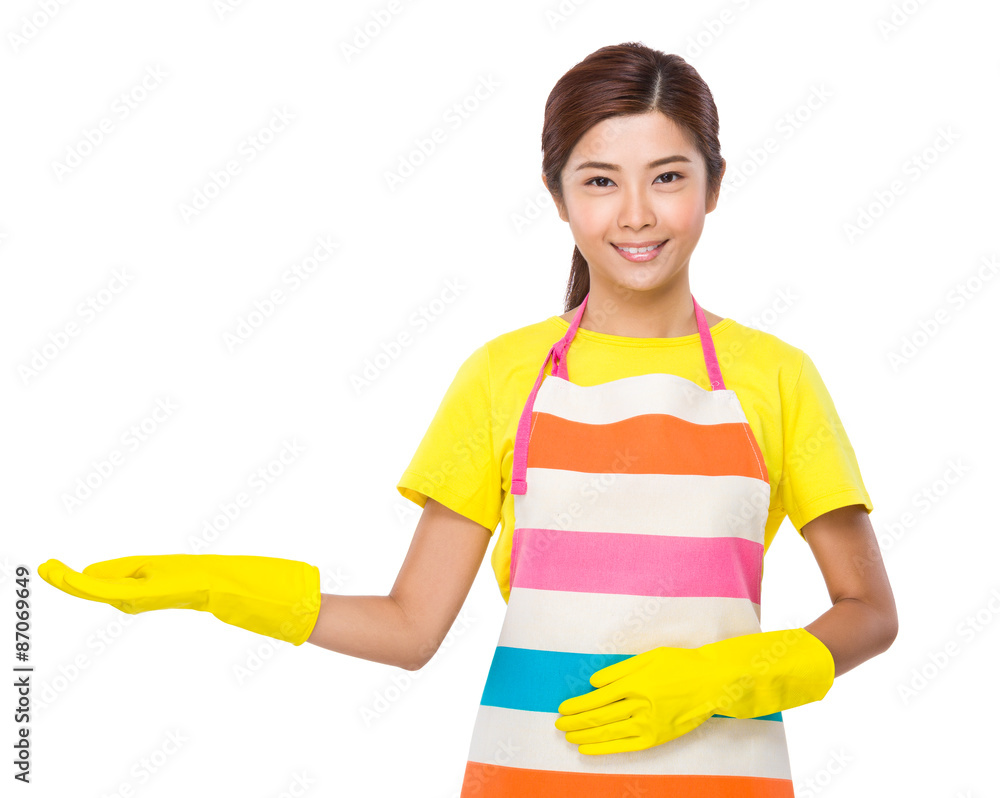 Asian housewife open hand palma with plastic gloves Asian housewife open hand palma with plastic gloves