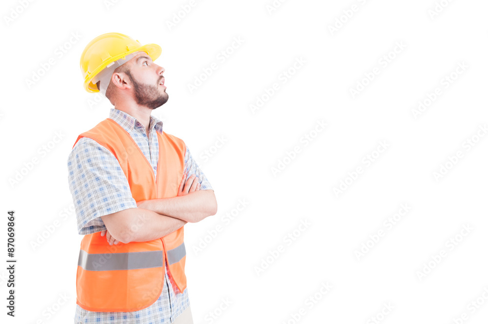 Surprised builder or engineer looking up Surprised builder or engineer looking up