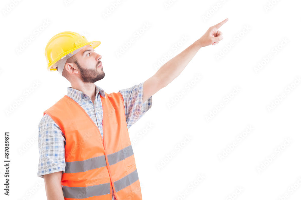 Builder pointing with finger up right