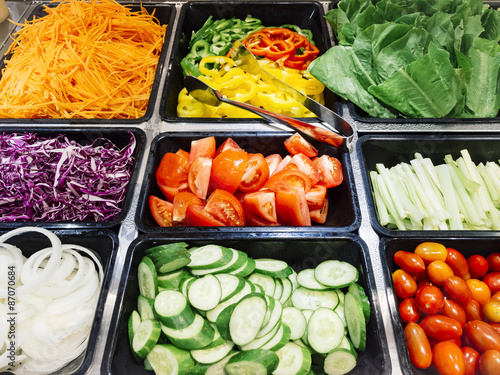 Valokuva Salad Bar Fresh Vegetables sliced Top view Tomato Carrot Celery