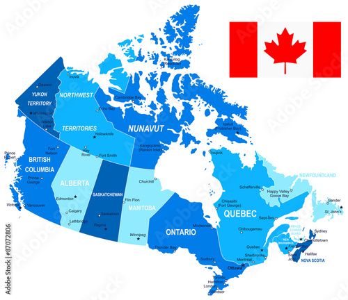 Map of Canada and flag. Highly detailed vector illustration. Image contains land contours, country and land names, city names, water object names, flag.