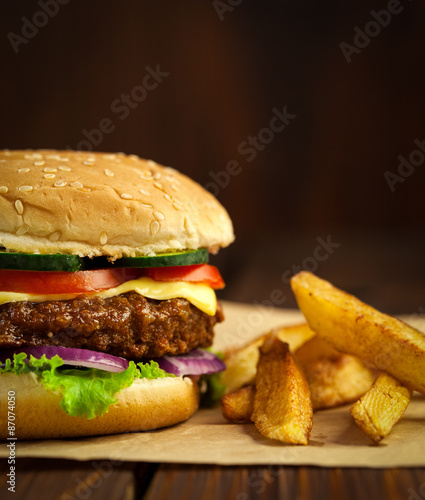 Delicious Cheeseburger with french fries