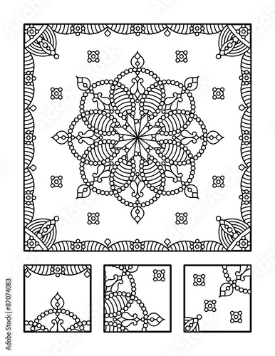 Framed mandala coloring page for adults (children ok, too) and visual puzzle. Puzzle directions: find the fragment that does not belong to the main picture. Answer: right.
