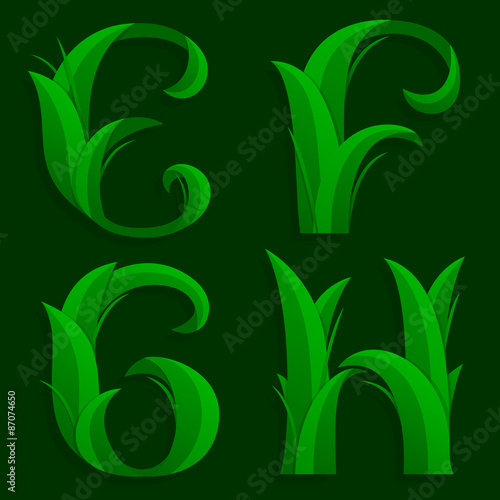 Decorative Grass Initial Letters E   F  G  H.  Vector illustration of alphabet letters in caps  the E   F  G  H in the grass design over a dark green background.