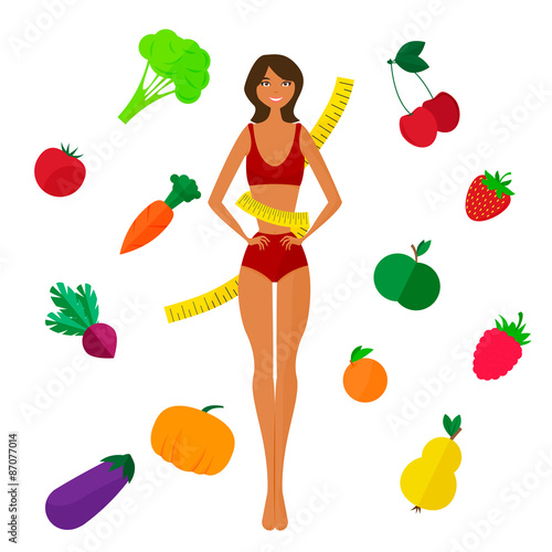 Slim black girl, fresh fruits and vegetables. Proper lifestyl