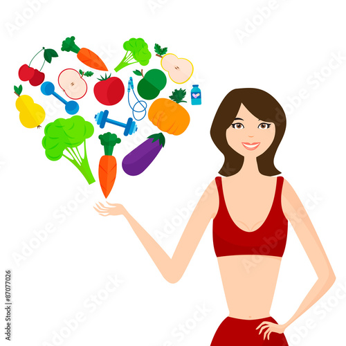 Slender girl, fresh fruits and vegetables. The right lifestyl