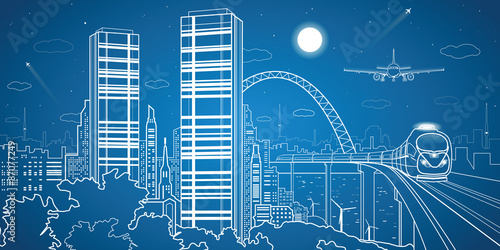 Night city center, airplane fly, train on the bridge