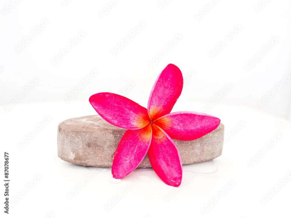 Dark pink frangipani flower placed on the Stone Scrub skin.