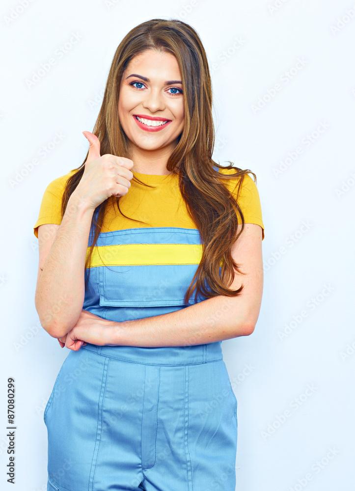Woman show thumb up. Female model with long hair. Female model Woman show thumb up. Female model with long hair. Female model