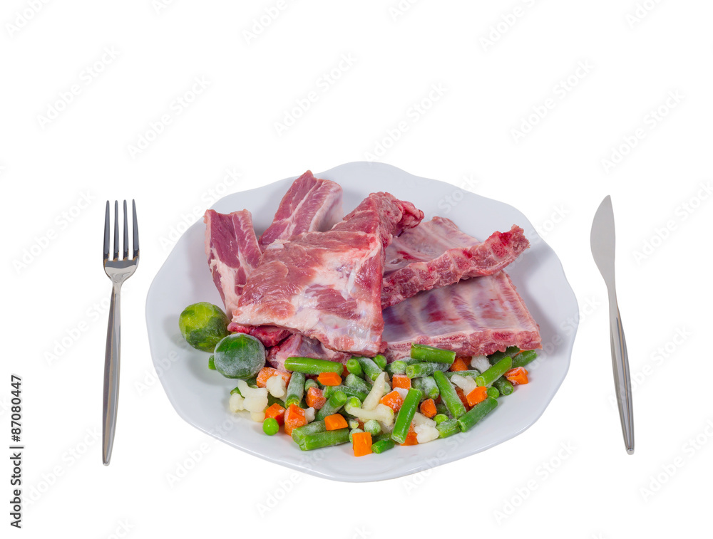 raw meat and vegetables on a plate