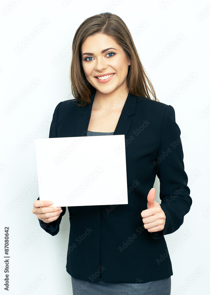 Business woman with sign board show thumb up. Business woman with sign board show thumb up.