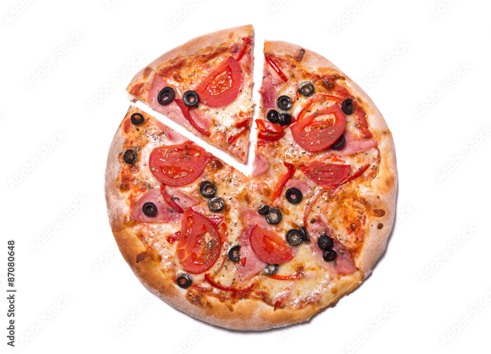 Top view of delicious pizza with ham and tomatoes with a slice r