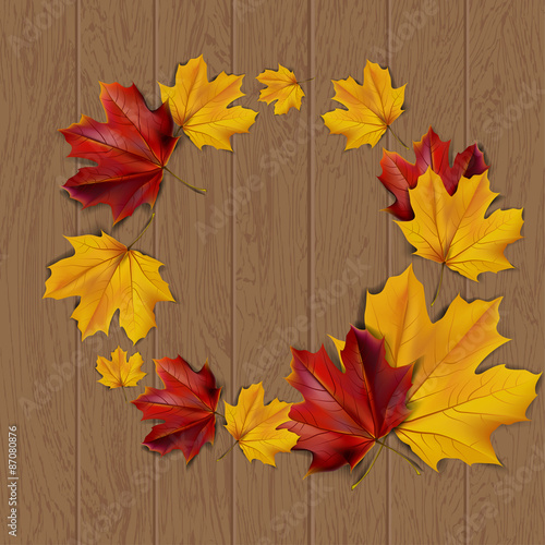 Autumn background with autumn leaves on wooden surface  vector illustration