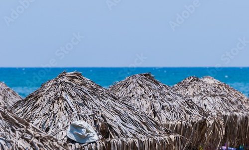 Beach with palm tree leaves umbrellas © larisa_ion