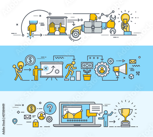 Thin line flat design banners for teamwork, business and marketing plan process, consulting, project management, client communication. Vector illustrations for web banners and promotional materials.