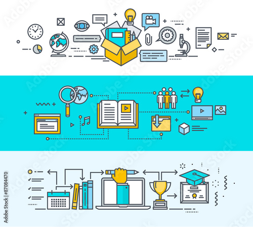Thin line flat design concept banners of online education, video tutorials, training courses, ebook, online university. Vector illustrations for website banners, promotional materials, education app.