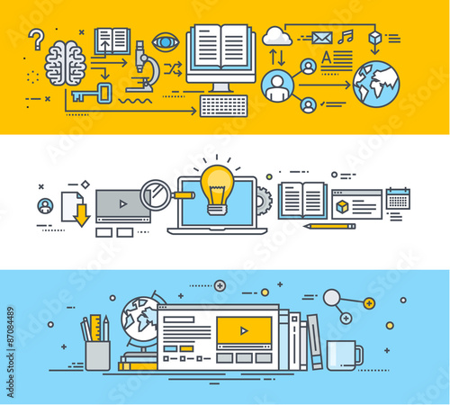 Thin line flat design banners for video tutorials, online training courses, online universities, online education. Vector illustrations for website banners, promotional materials, education app.    