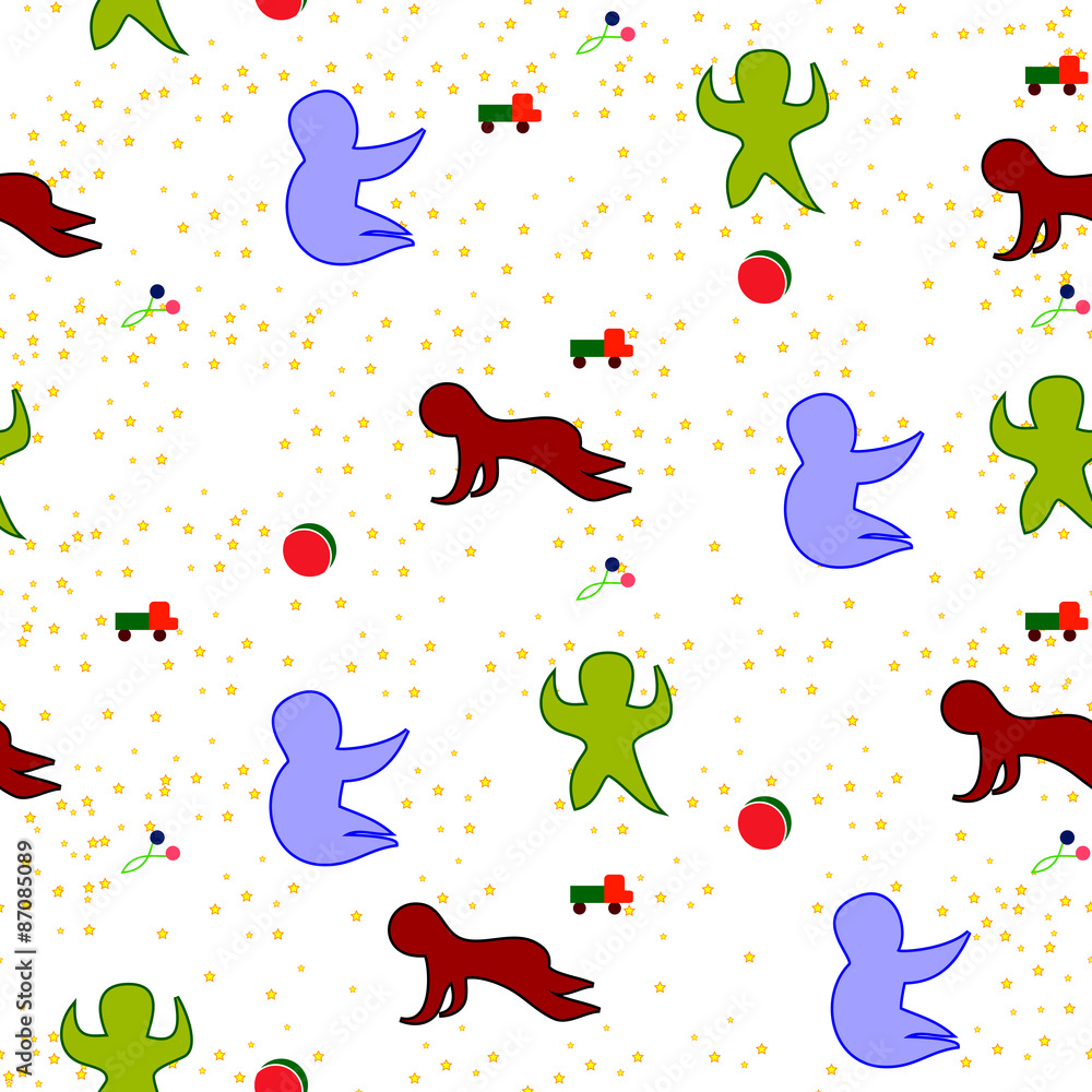 drawn seamless pattern of several children in various poses and toys