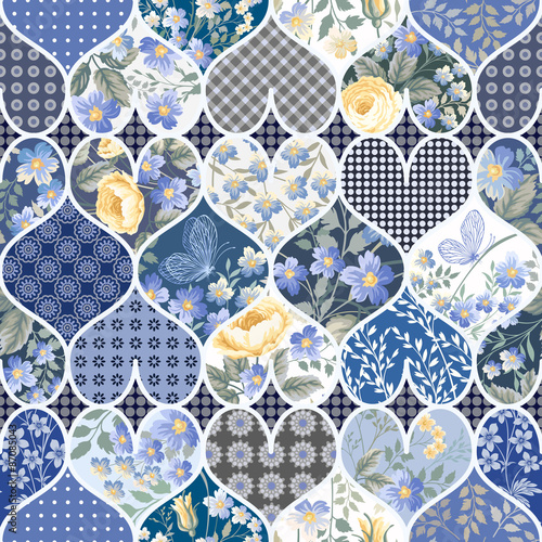 seamless patchwork pattern with roses and butterflies in blue