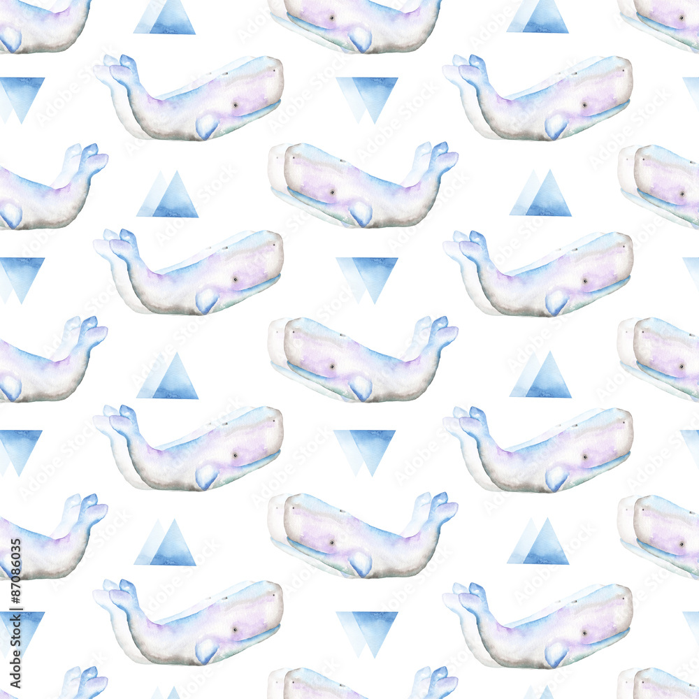 Seamless pattern of the doubly whale and the blue triangle painted in watercolor on a white background Seamless pattern of the doubly whale and the blue triangle painted in watercolor on a white background