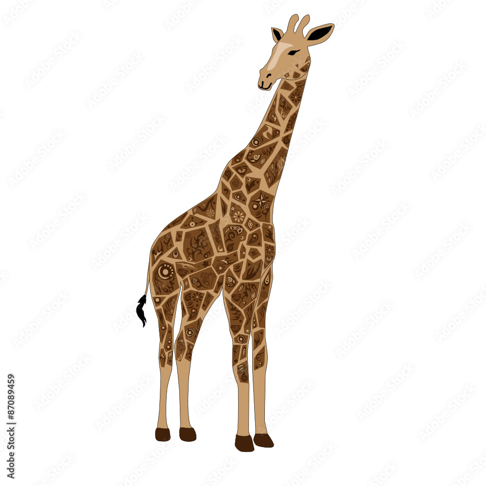 Giraffe with a pattern, an animal with drawing, a herbivorous animal, spots  on a skin, a brown giraffe, long legs, a neck with drawing, a brown flower,  Stock Vector | Adobe Stock