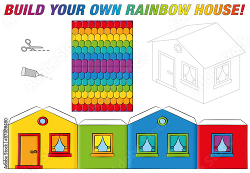 Paper model of a funny rainbow colored house. Isolated vector illustration on white background.