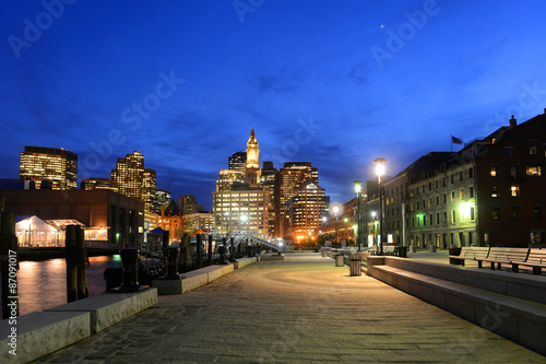 Boston Custom House, Long Wharf and Financial District skyline at night, Boston, Massachusetts