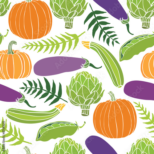 Fresh vegetables seamless background, pumpkins, peas, artichokes
