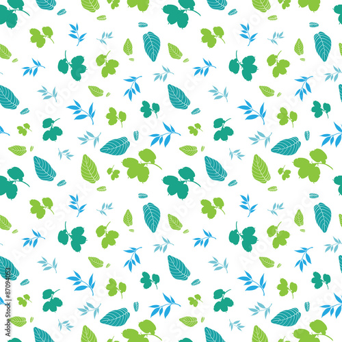 Vector Blue Green Spring Leaves Silhouettes Seamless Pattern