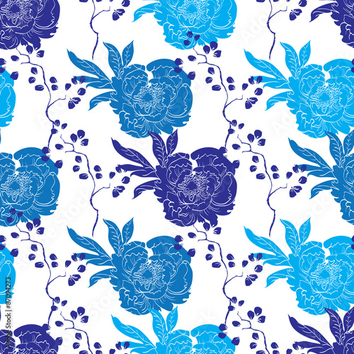 Vector Blue Oriental Kimono Peony Seamless Pattern