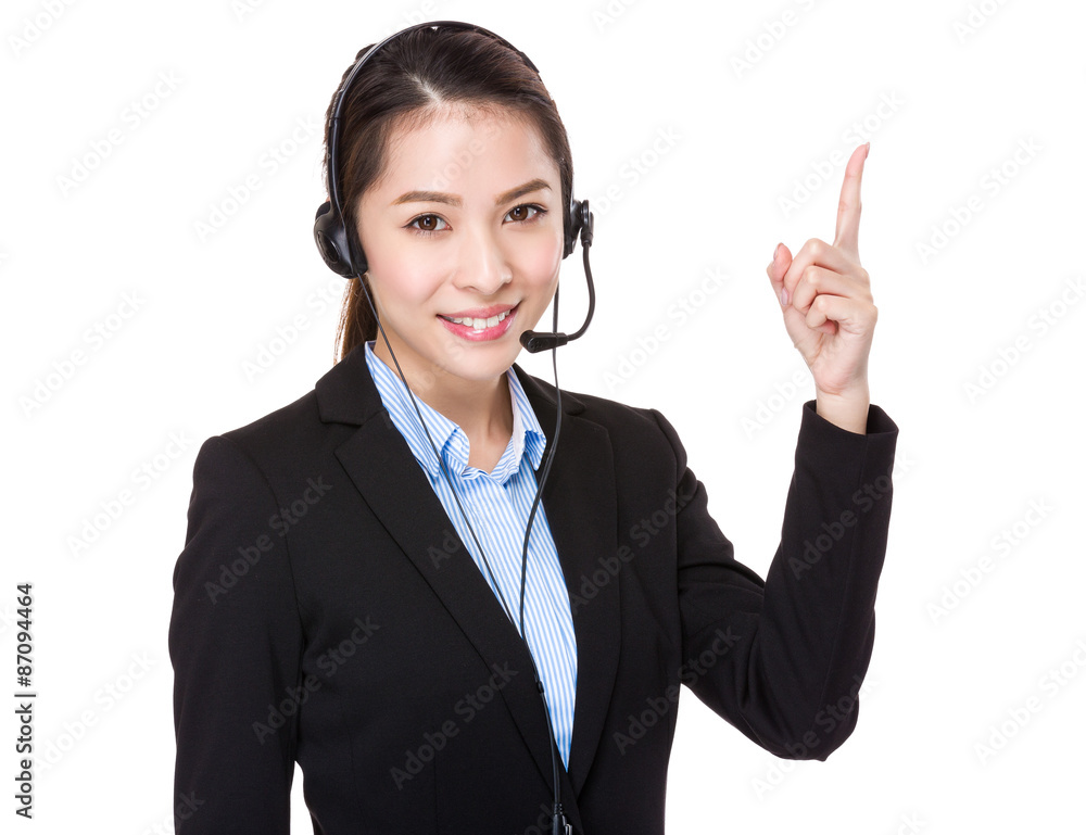 Customer services operator and finger point up Customer services operator and finger point up