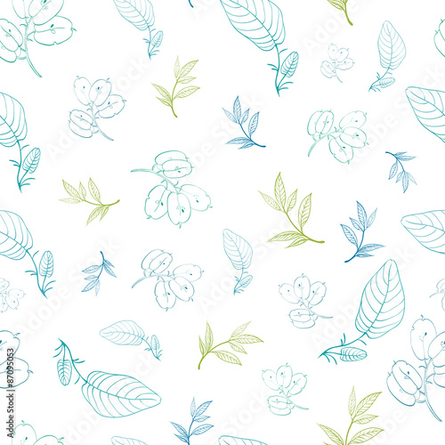 Vector Green Blue Leaves Branches Drawing Seamless Pattern