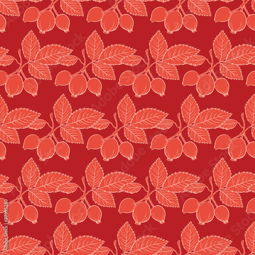 Vector Red Rosehip Drawing Stripes Seamless Pattern