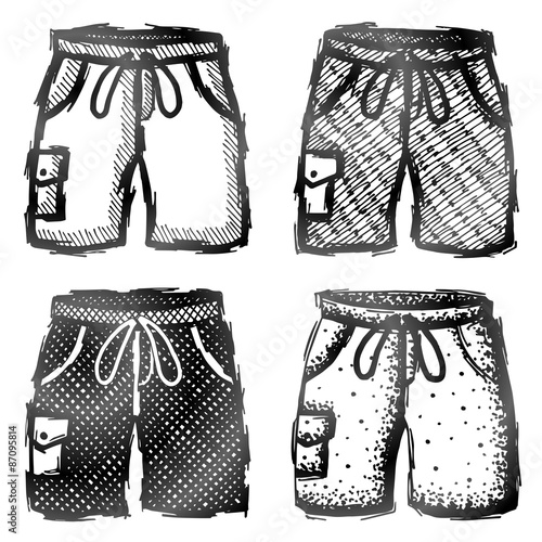 Hand drawn shorts with pocket. Sketch of swim trunks in doodle