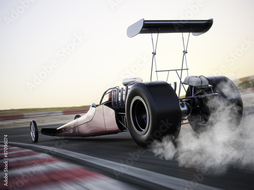 Dragster racing down the track with burnout. Photo realistic 3d model scene with room for text or copy space. photo