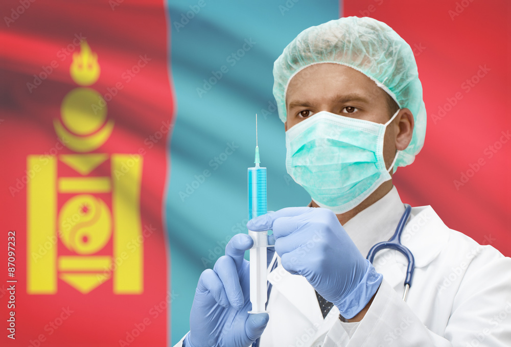 Doctor with syringe in hands and flag on background series - Mongolia Doctor with syringe in hands and flag on background series - Mongolia