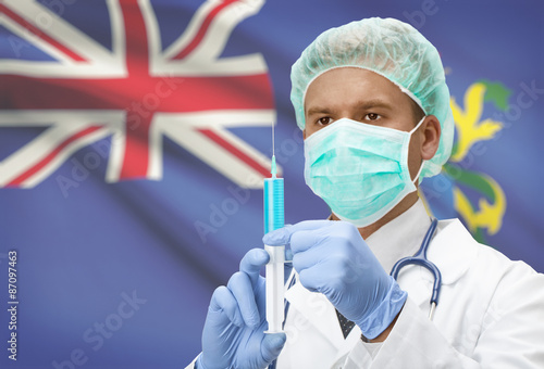 Doctor with syringe in hands and flag on background series - Pitcairn Island