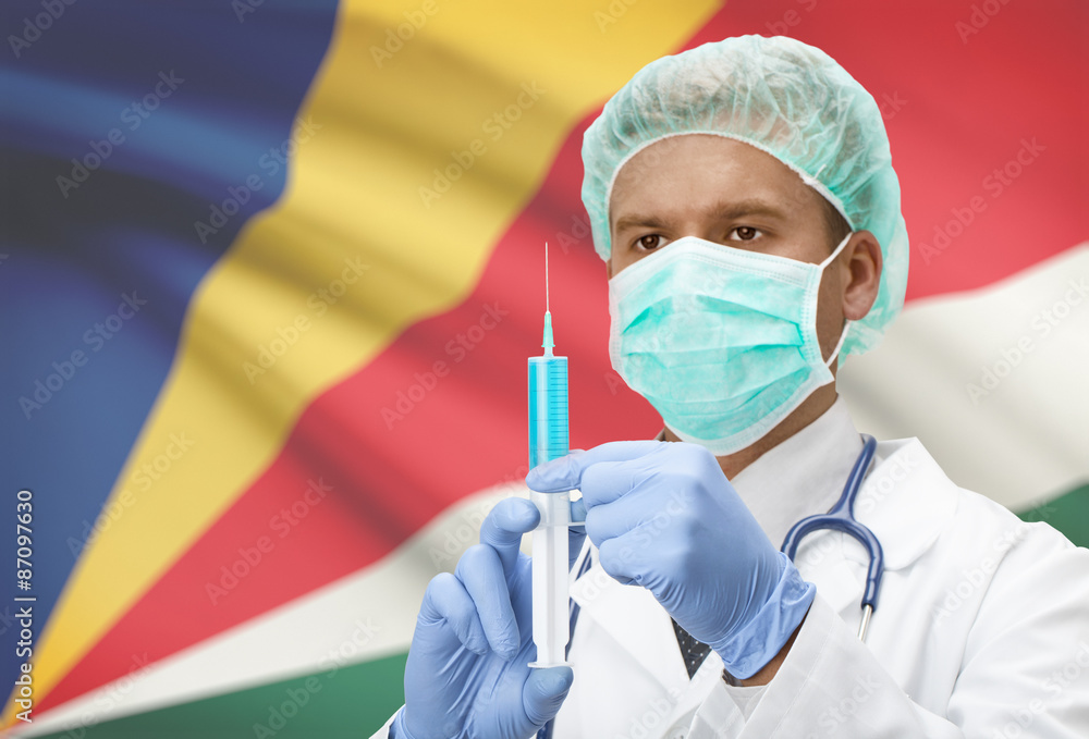 Doctor with syringe in hands and flag on background series - Seychelles Doctor with syringe in hands and flag on background series - Seychelles